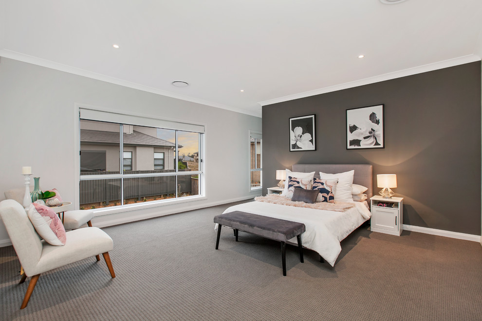 Design ideas for an expansive contemporary master bedroom in Sydney with brown walls, carpet, no fireplace and brown floor.
