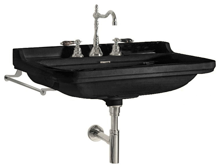 Waldorf 4140 Wall Mount Bathroom Sink, Glossy Black With Three Faucet Holes