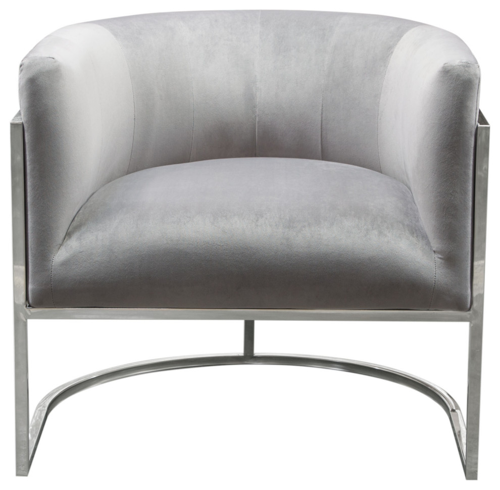 Elevated Barrel Shaped Accent Chair, Gray Velvet, Silver Frame