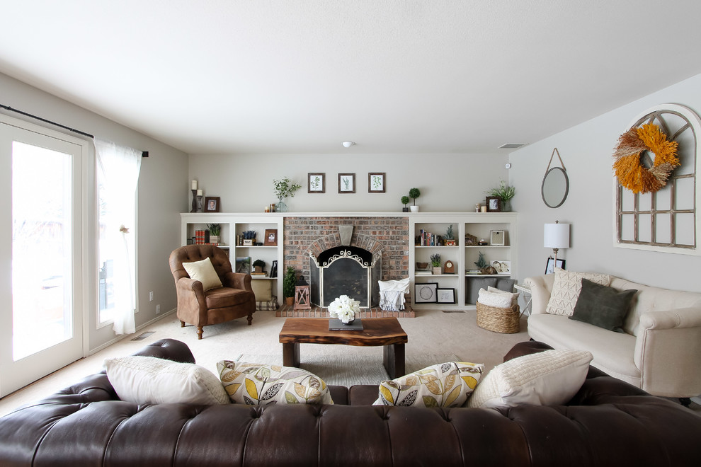 This is an example of a mid-sized country formal open concept living room in Seattle with grey walls, carpet, a standard fireplace, a brick fireplace surround and no tv.