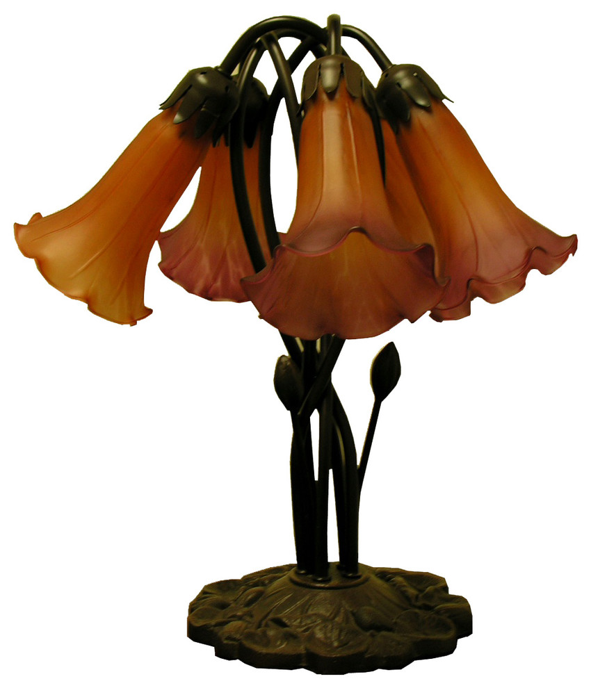 Tiffany-style 5-way Bronze Lily Amber Table Lamp
