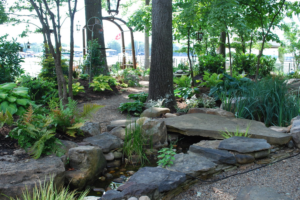 Inspiration for a traditional garden in Charlotte with a water feature.