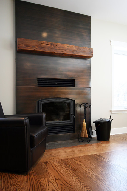 Copper Clad Fireplace With Reclaimed Wood Mantel Traditional