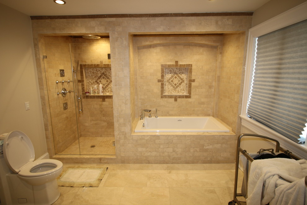 This is an example of a mid-sized contemporary kids bathroom in New York with an undermount sink, flat-panel cabinets, brown cabinets, engineered quartz benchtops, an undermount tub, a one-piece toilet, beige tile, stone tile, white walls, travertine floors, an alcove shower, beige floor and a hinged shower door.