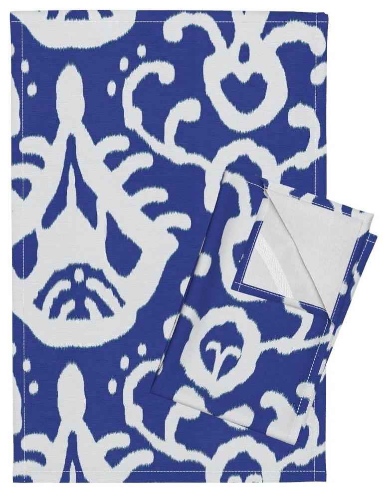 Blue Ikat Linen Cotton Tea Towels, Set of 2