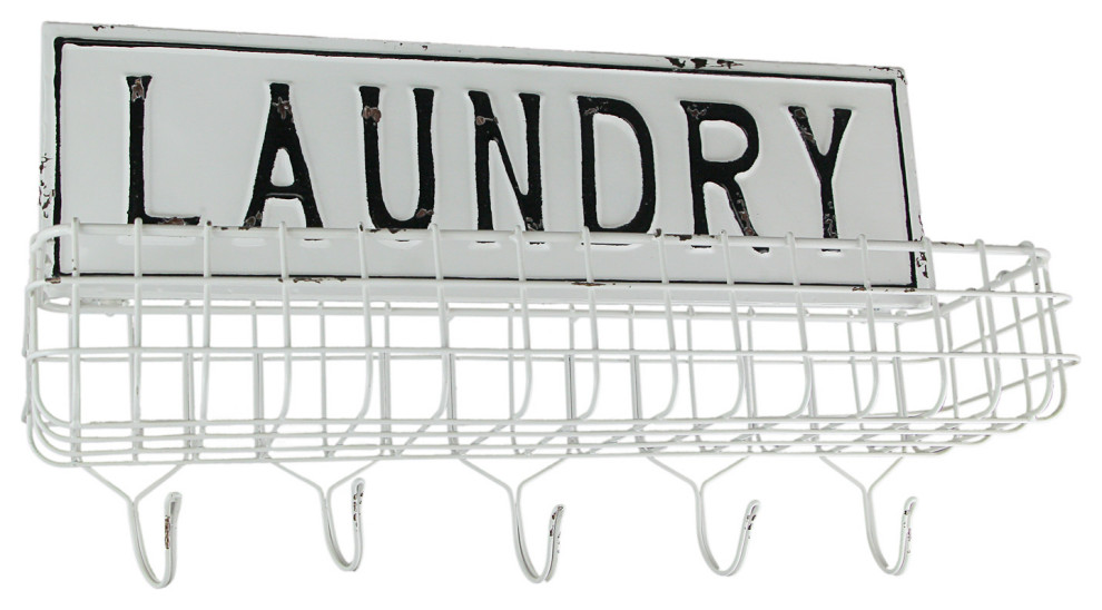 Weathered White Enamelware Laundry Hanging Shelf With Wall Hooks