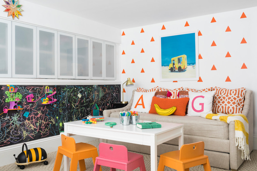 Design ideas for a transitional gender-neutral kids' room in Boston with multi-coloured walls, carpet and beige floor.