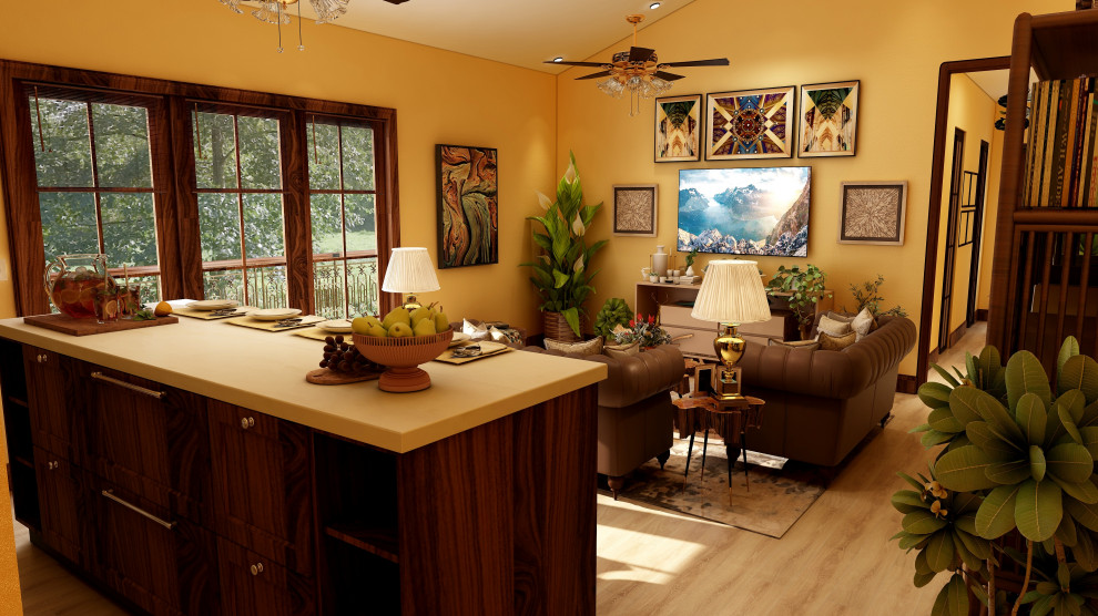 На фото: маленькая открытая гостиная комната в классическом стиле с желтыми стенами, полом из ламината, телевизором на стене, коричневым полом и сводчатым потолком для на участке и в саду с