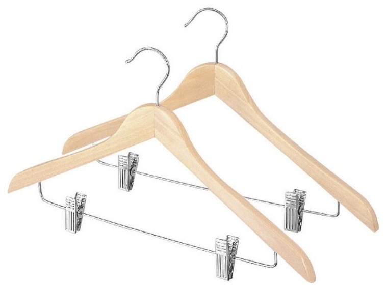Natural Wood Suit Hangers With Clips - Set Of 2