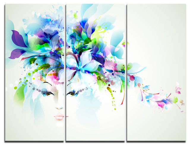Download Woman With Blue Flowers Canvas Art Print 3 Panels 36 X28 Contemporary Prints And Posters By Design Art Usa Houzz