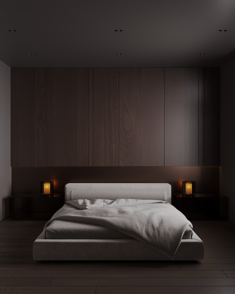 Визуализация интерьера спальни в темных тонах