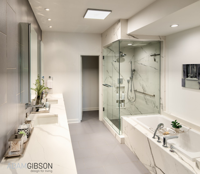 Modern Bath with Blue Floating Vanity Moderne Salle de Bain