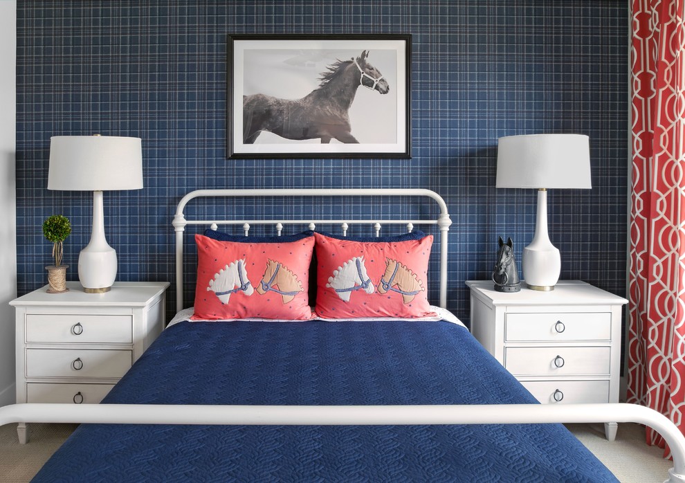 Inspiration for a traditional kids' bedroom in Orlando with blue walls, carpet and grey floor.