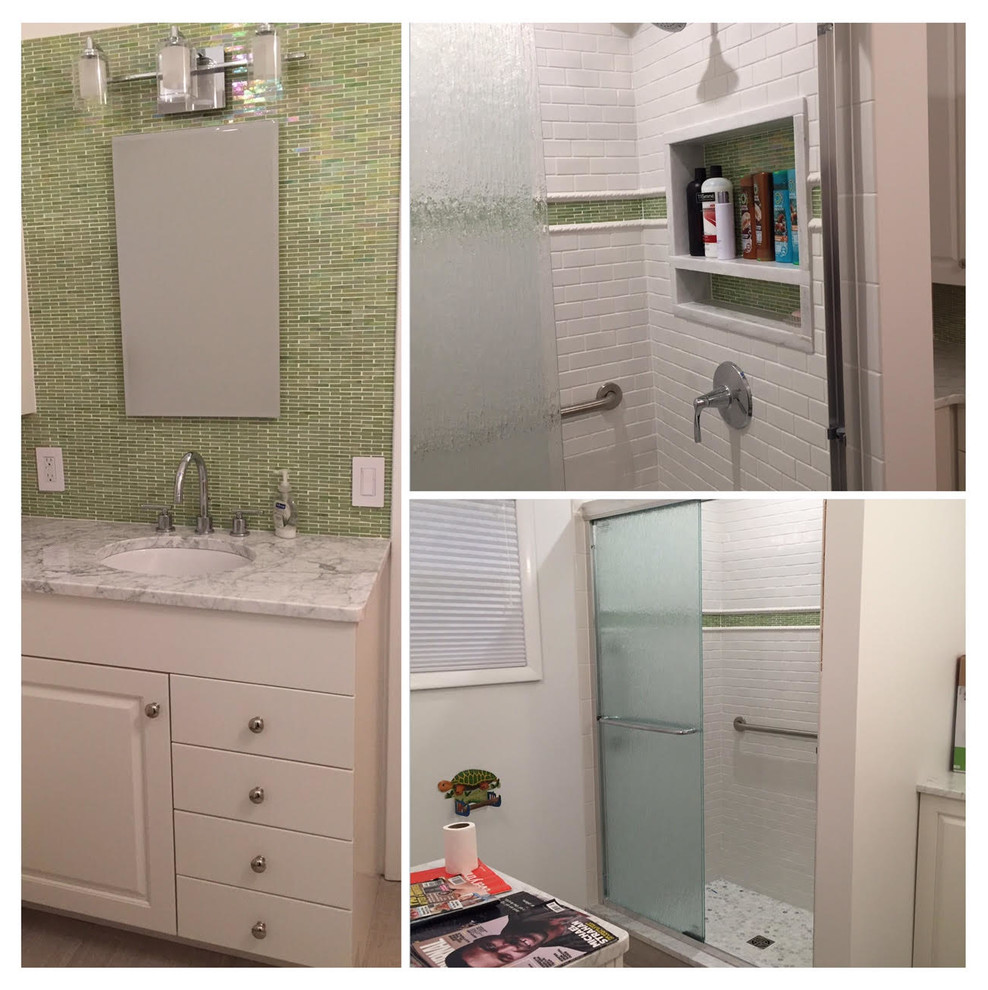 Mid-sized contemporary master bathroom in New York with raised-panel cabinets, white cabinets, an alcove shower, green tile, glass tile, white walls, light hardwood floors, a drop-in sink and quartzite benchtops.