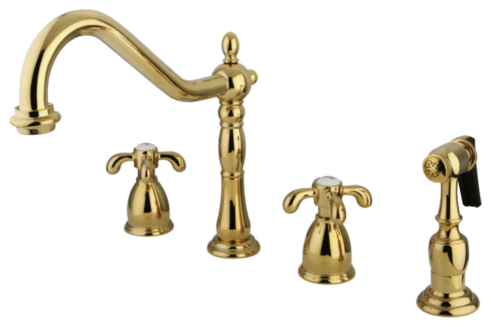 Kingston Brass Widespread Kitchen Faucet With Brass Sprayer, Polished Brass