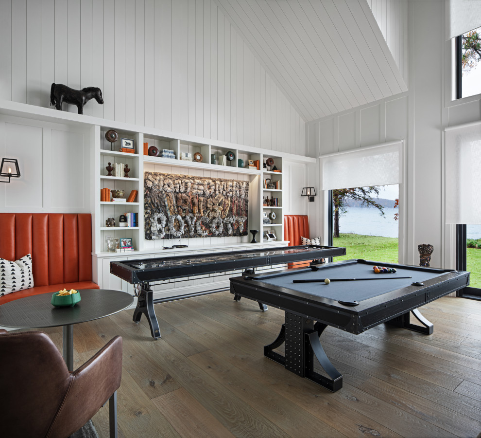 Inspiration for a transitional medium tone wood floor family room remodel in Detroit with white walls and a wall-mounted tv