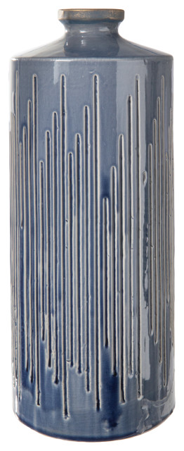 Ceramic Bottle Vase with Clustered Column Design Body Gloss Blue Finish, Large