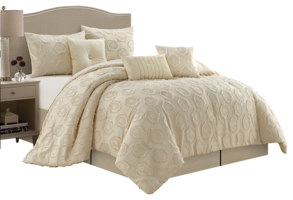 Faust 7 Piece Comforter Set, Taupe, California King Transitional