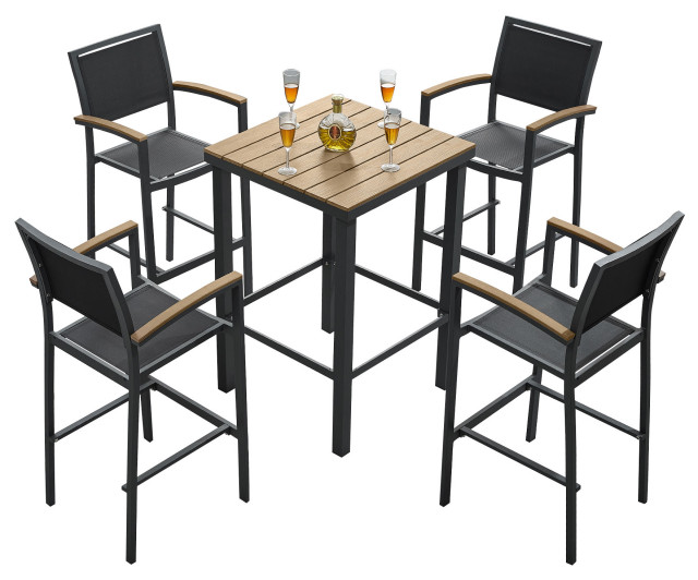 Carlo Imitated Wood Patio Pub Set for 4, Outdoor Bar Furniture With Alu