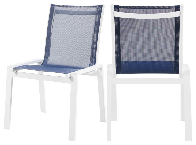 Nizuc Outdoor Armless Dining Chair (Set of 2), Navy Fabric, White Frame