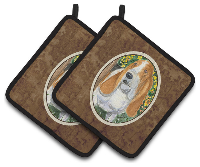 Basset Hound Pot Holders, Set of 2 Contemporary Oven Mitts And Pot