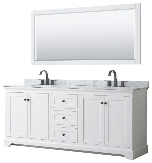 Avery 80" Double Vanity, White, Top, Oval Sinks, Matte Black Trim, 70