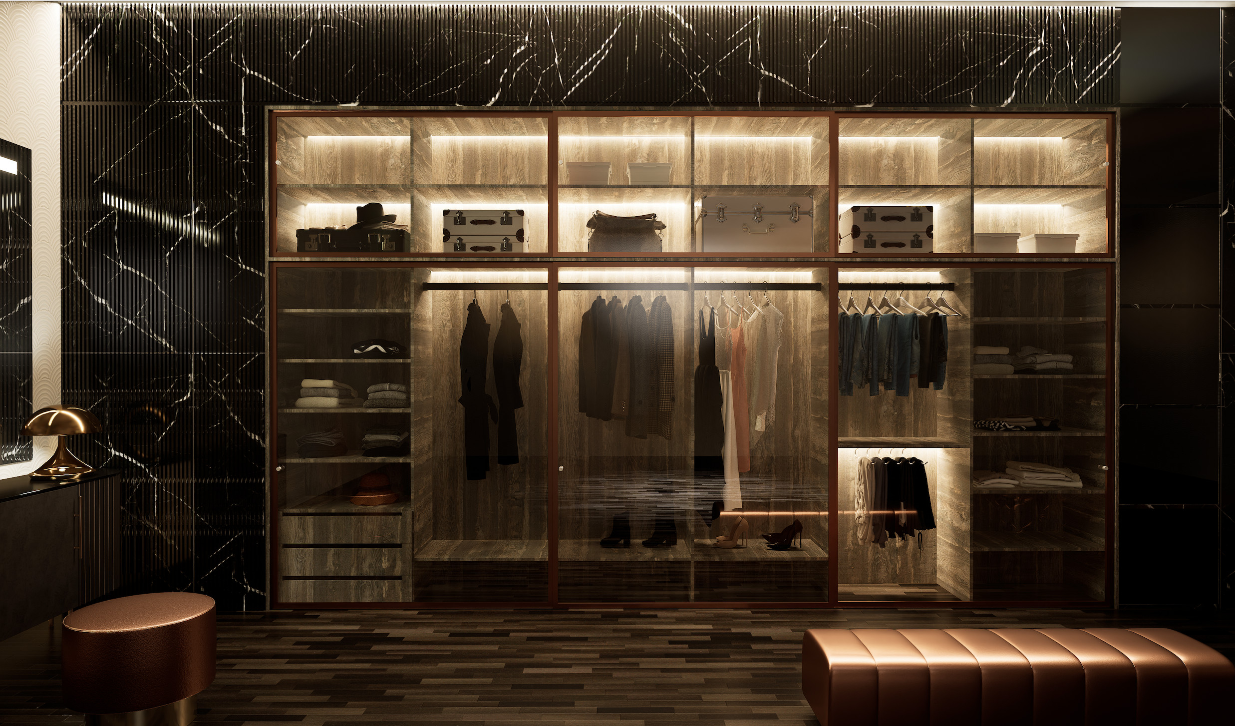 If you can imagine it, we can design & execute it for you! Our team utilizes high quality digital renderings to bring your ideas to life. Here is one of the various examples of closets that we've imag