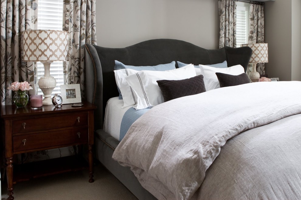 Design ideas for a transitional master bedroom in Baltimore with grey walls.