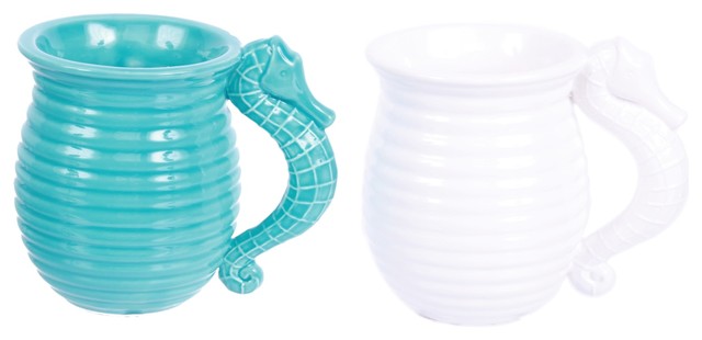 Blue and White Seahorse Handle Mugs 16 Ounces Set of 2 Embossed Ceramic