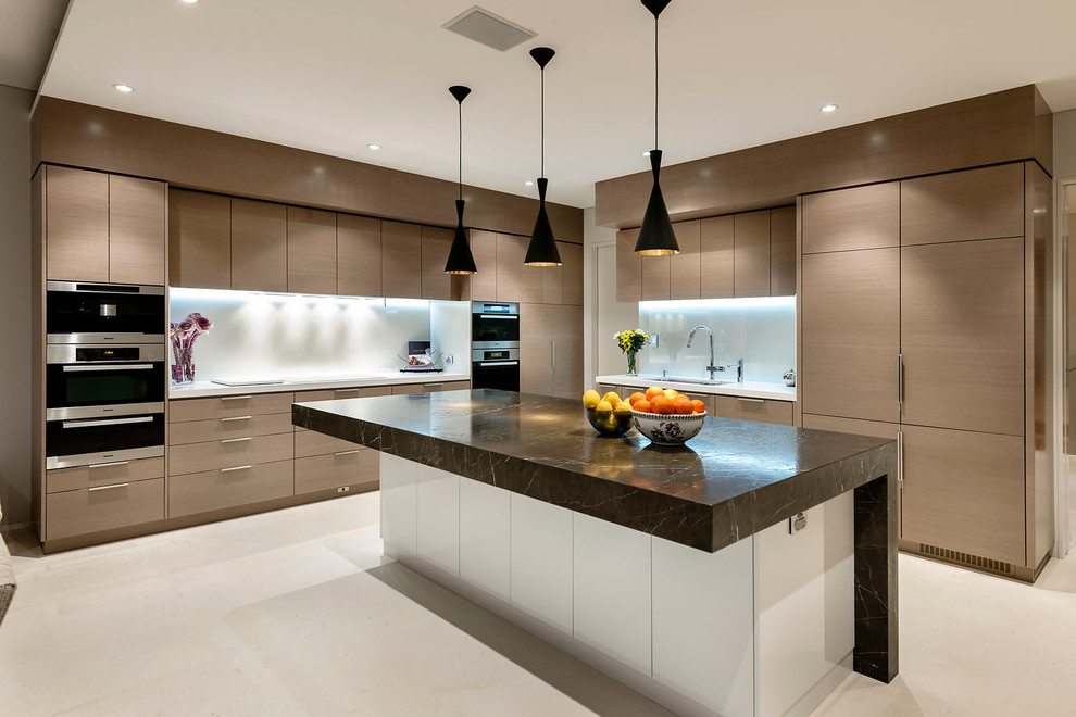 Contemporary kitchen in Perth with flat-panel cabinets, glass sheet splashback, panelled appliances and with island.