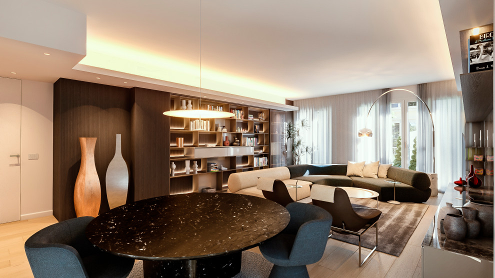 Photo of a large contemporary open concept living room in Milan with a home bar, multi-coloured walls, painted wood floors, a built-in media wall, beige floor, recessed and panelled walls.