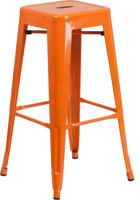 30" High Backless Orange Metal Indoor-Outdoor Barstool With Square Seat