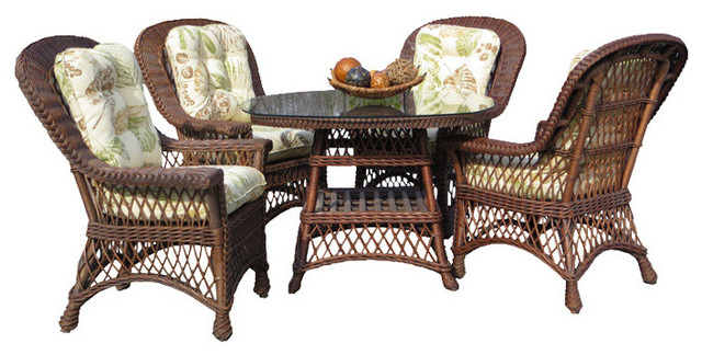 Bar Harbor 5-Piece Dining Set With 42" Glass in Brown Wash, Yvonnealoe Fabric