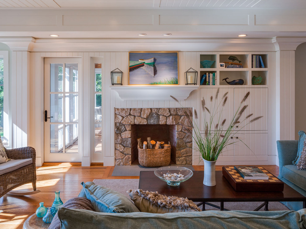 Inspiration for a beach style family room in Boston.