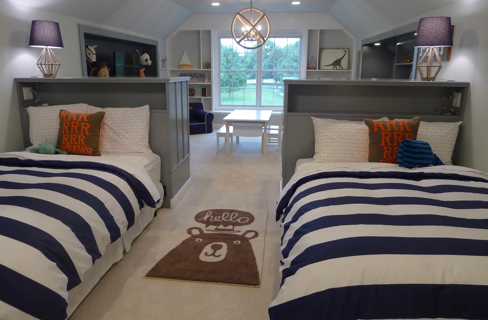 This is an example of a large transitional loft-style bedroom in Indianapolis with blue walls and carpet.