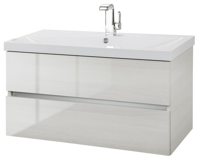 Cutler Wall Hung White Birch Wood Grain Gloss Bathroom Vanity W Top