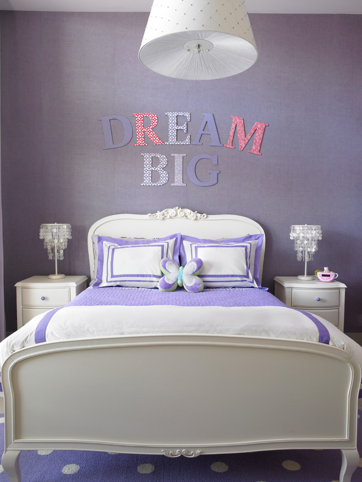 Mid-sized traditional kids' bedroom in Miami with purple walls for girls.