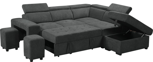 Henrik Gray Sleeper Sectional Sofa With Storage Ottoman and 2 