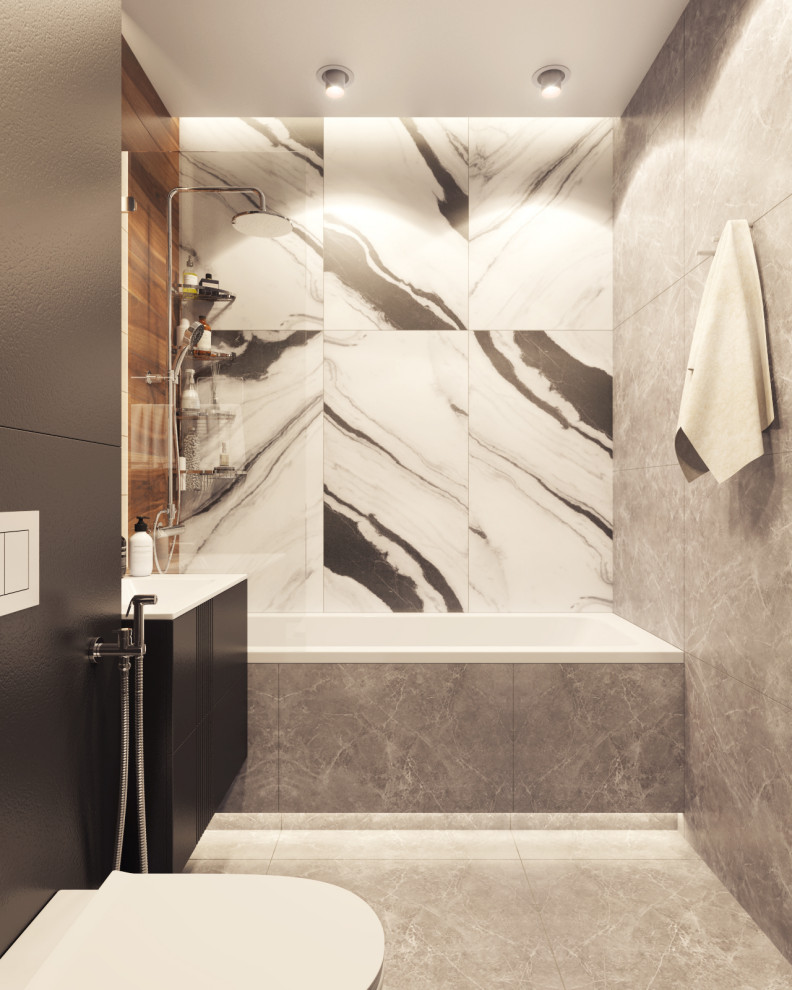 Inredning av ett mellanstort vit vitt en-suite badrum, med släta luckor, svarta skåp, ett undermonterat badkar, en dusch/badkar-kombination, en vägghängd toalettstol, grå kakel, keramikplattor, grå väggar, klinkergolv i porslin, ett integrerad handfat, bänkskiva i akrylsten, grått golv och dusch med duschdraperi