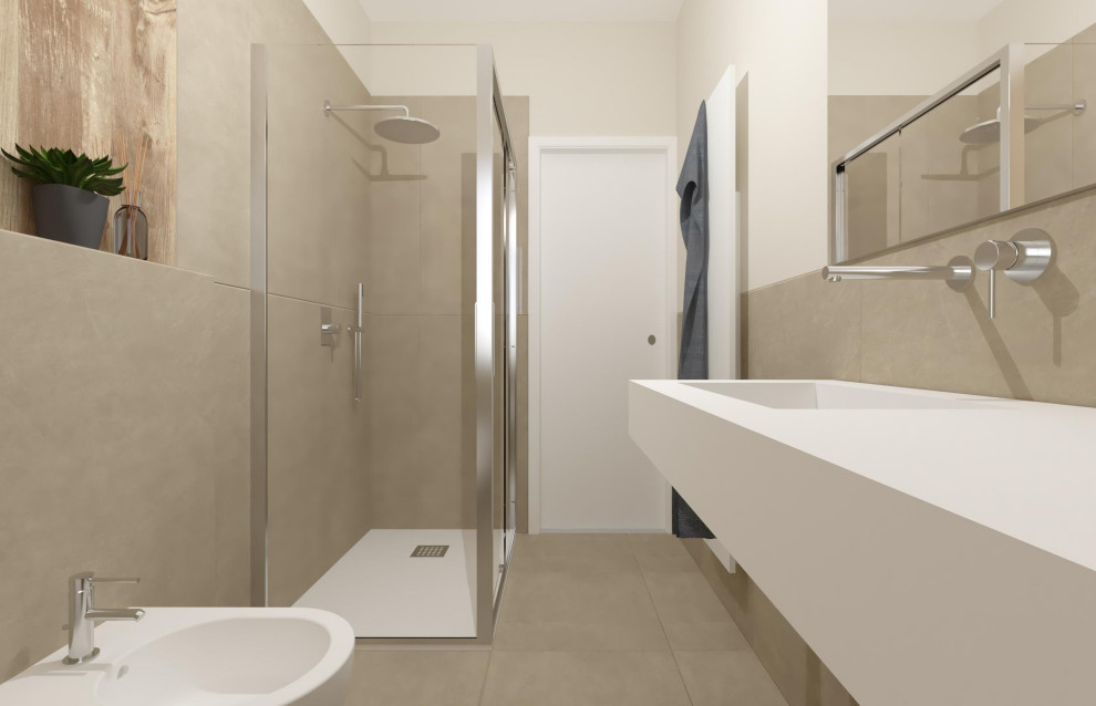 Ispirazione per una stanza da bagno minimalista di medie dimensioni con pareti bianche, pavimento in legno massello medio e pavimento marrone