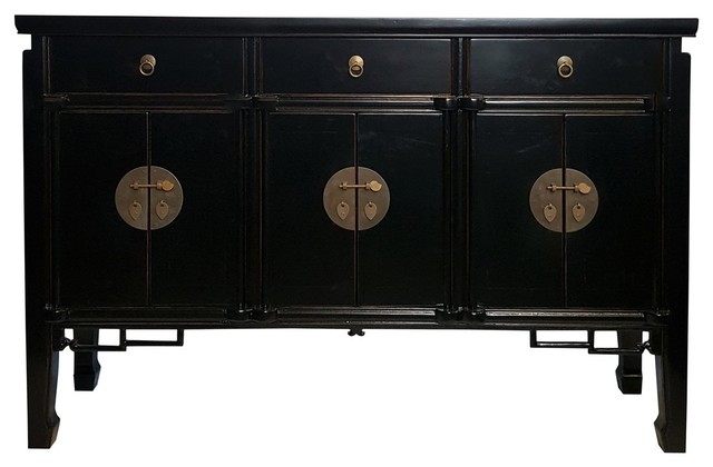 Asian Six Door Buffet With Key Carving Black Lacquer Asian