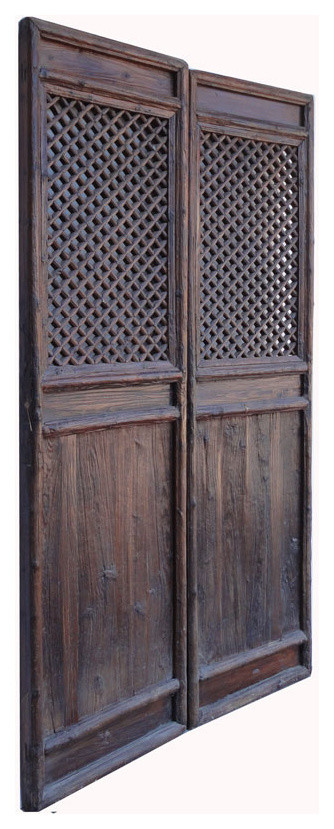 Chinese Antique Geometry Pattern Hand Carving Screen Wall Panel, 2-Piece Set