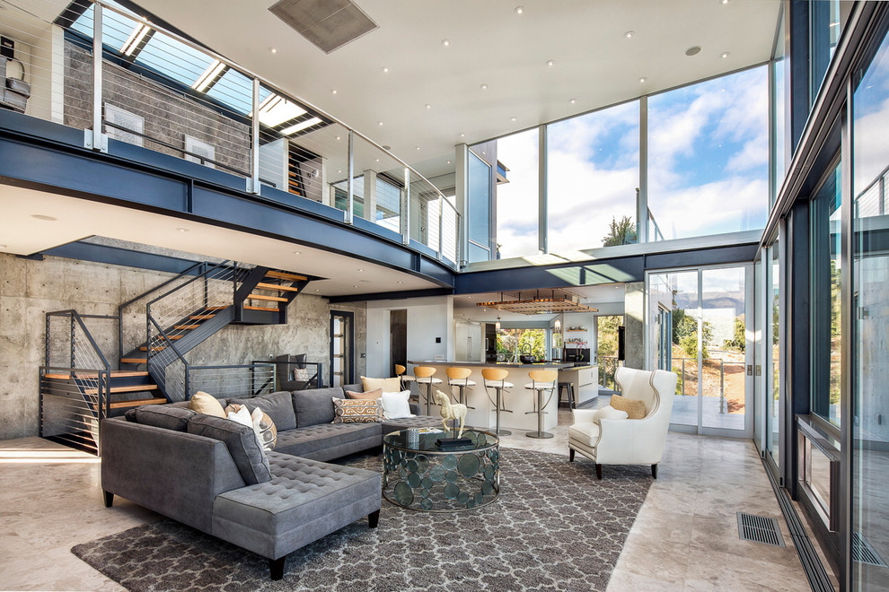 Photo of an expansive contemporary formal open concept living room in Santa Barbara with grey walls.