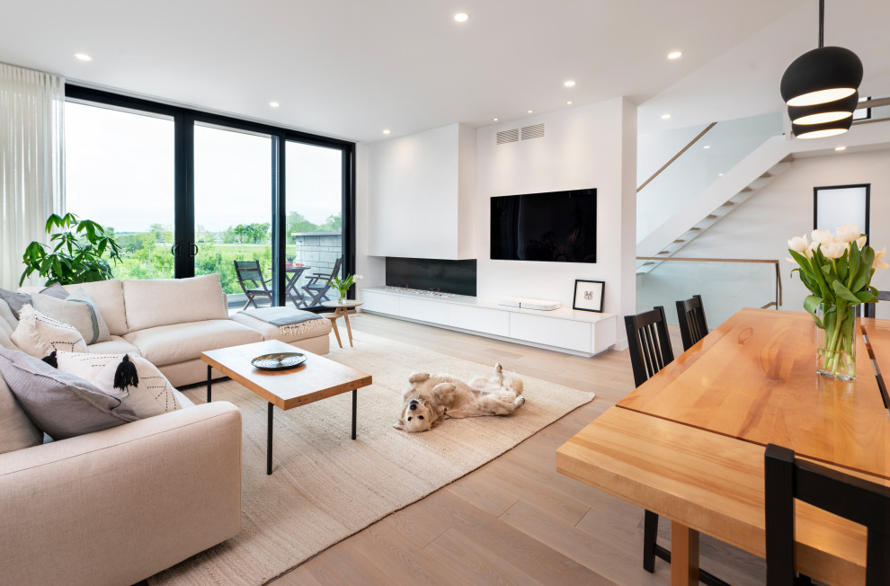 Ejemplo de sala de estar minimalista con suelo de madera clara