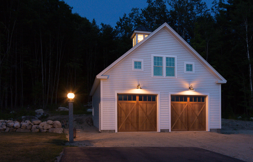 Design ideas for a mid-sized country detached two-car garage in Portland Maine.