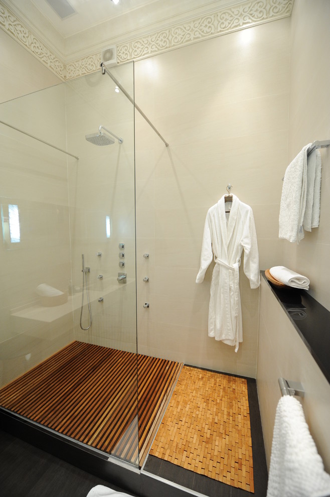 Photo of a contemporary bathroom in Other with an open shower, white tile and an open shower.