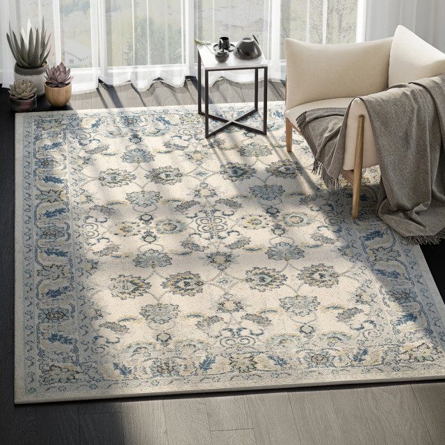 Abani Lennox Persian Inspired Area Rug, Ivory and Blue, 7'9