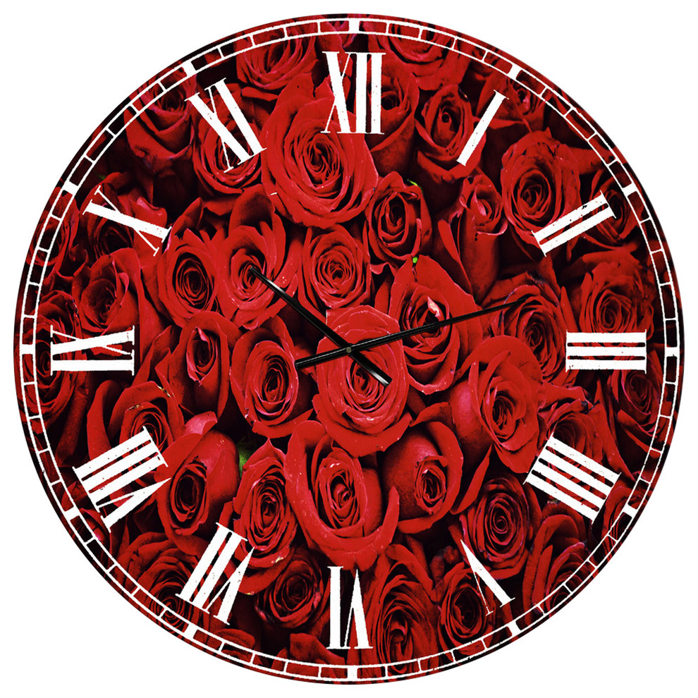 Winter Red Rose Floral Round Metal Wall Clock Traditional Wall Clocks By Design Art Usa Houzz