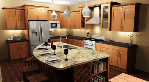 Example of a mid-sized mountain style l-shaped dark wood floor eat-in kitchen design in Other with an undermount sink, recessed-panel cabinets, medium tone wood cabinets, granite countertops, stainless steel appliances and an island