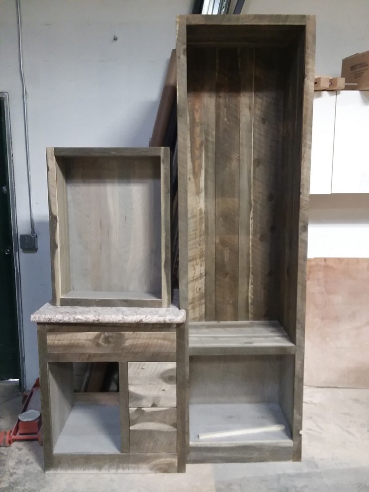 Inspiration for a rustic master bathroom remodel with shaker cabinets and laminate countertops